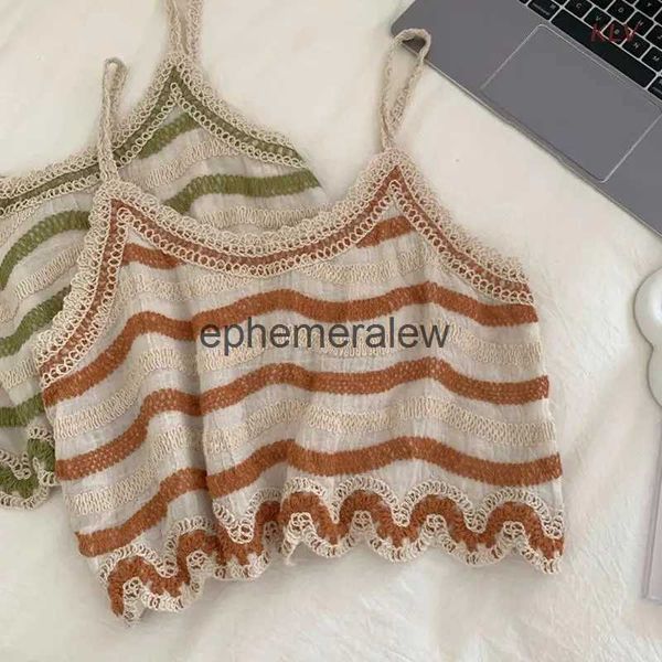 Tanques femininos Camis Mulheres Vintage Algodão Linho Camisole Bordado Coração Listrado Spaghetti Strap Crop Top Crochet Knit Beach Sling Vestephemeralew