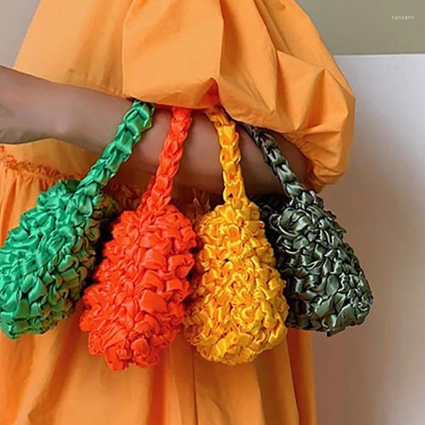Вечерние сумки 2024 Женская летняя мода Вязание Маленькая тканая сумка для вязания крючком Шелковое плетение Атласная лента Зеленый Фиолетовый Оранжевый КлатчиМини-сумочки