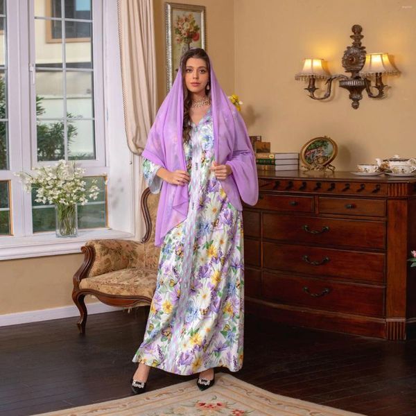 Abbigliamento etnico Abiti lunghi stampati floreali Elegante nastro in pizzo con scollo a V Abito alla moda modesto Eid Mubarak Abaya per donna