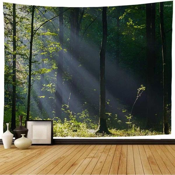 Wandteppiche, Wald-Wandteppich, Morgensonnenlicht, grüne Bäume, Naturlandschaft, Wandbehang, Kunst für Schlafzimmer, Wohnzimmer, Wohnheim-Dekoration