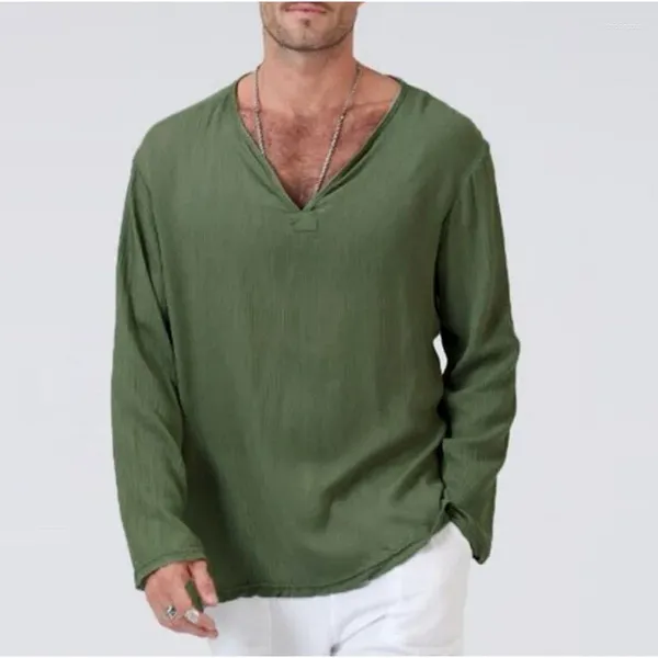 Erkek Tişörtleri 2024 Keten Uzun Kollu Katı Pamuklu V-Boyut Tıraşır T-Shirt Gevşek Yoga Gömleği Hawaiian S-4XL