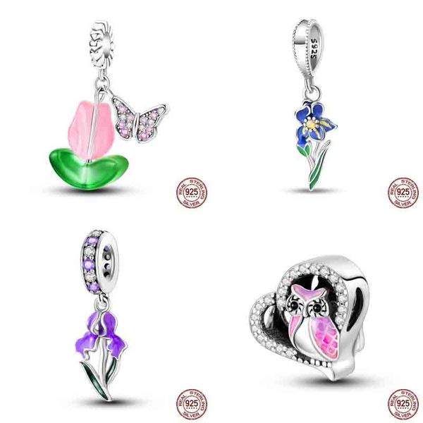 Novo 925 prata colorida borboleta coruja flores primavera série encantos contas abelha ajuste pando 925 pulseira original jóias