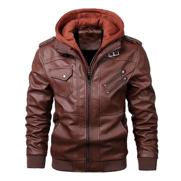Кожаные куртки для мужчин, повседневные кожаные куртки из искусственной кожи с капюшоном, осенне-зимние пальто, мужские теплые винтажные мотоциклетные пальто в стиле панк 240113