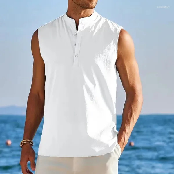 Regatas masculinas de verão, camisas sem mangas com gola virada para baixo, imitação de linho, camisetas soltas e sólidas para pulôver streetwear