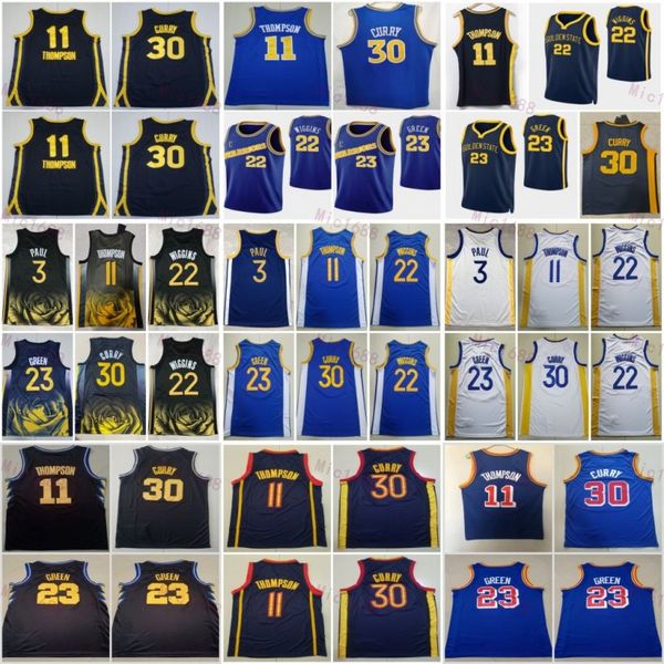 Dikişli Şehir Basketbol Klay Thompson Jersey 11 Köri Erkekler Chris Paul 3 Andrew Wiggins 22 Spor Hayranları Derneği Bildirimi Team Renk Siyah Mavi Beyaz Sarı