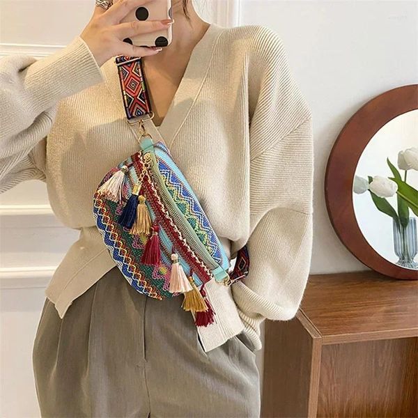 Bel çantaları kadın retro omuz çantası bayanlar kızlar için messenger tassel kılıfları moda etnik tarzı dokuma telefon crossbody