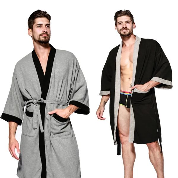 Algodão waffle homens quimono roupão vestido sleepwear casal preto robe nightwear solto casual sauna yukata primavera verão casa wear 240113