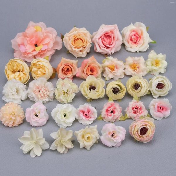 Flores decorativas 30 unidades/pacote conjunto de cabeça de flor de seda artificial falso rosa peônia diy artesanato hairband floral parede mix tamanho
