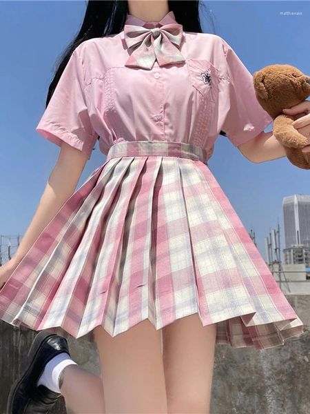 Vestidos de trabalho zoki jk estudante conjuntos de duas peças verão bonito arco xadrez saias plissadas bordado estilo preppy rosa camisas de manga curta meninas