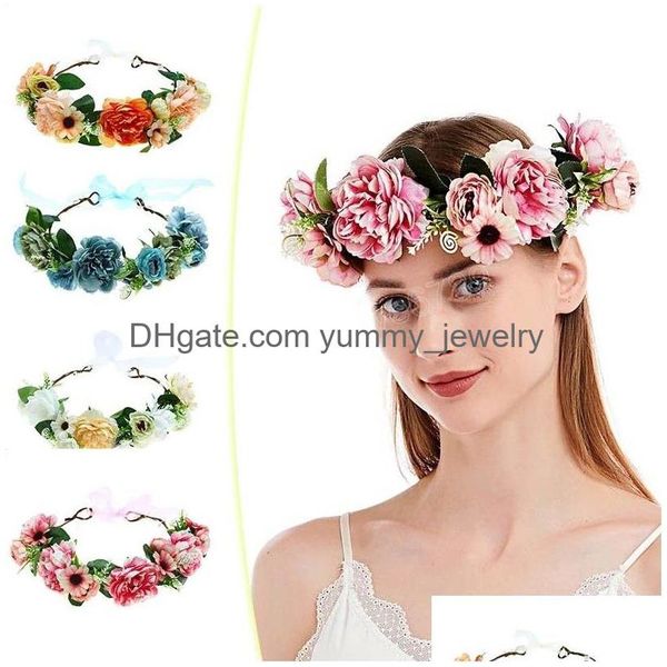 Flor headband rosa flores artesanais floral guirlanda faixa de cabelo decoração ajustável mulheres meninas headdress para entrega de gota de casamento dhczo