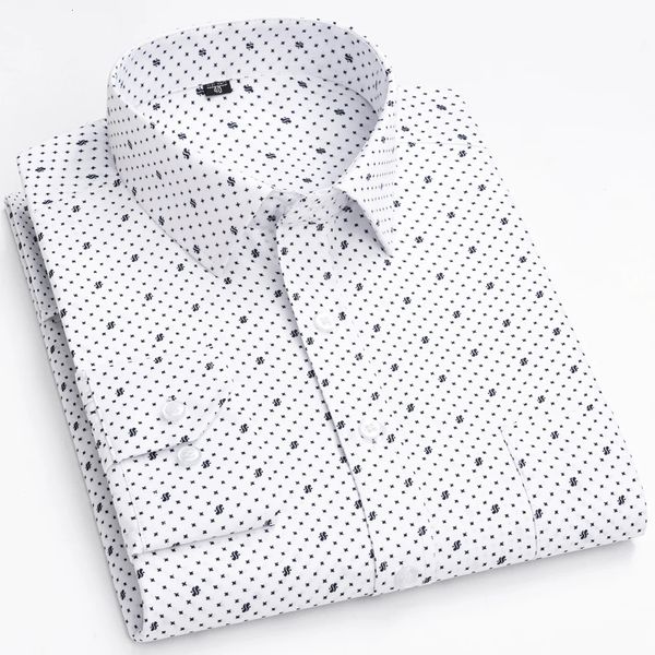 Camisa clássica masculina de manga comprida estampada/listrada básica com bolso único 65% algodão camisa de escritório padrão de negócios 240112