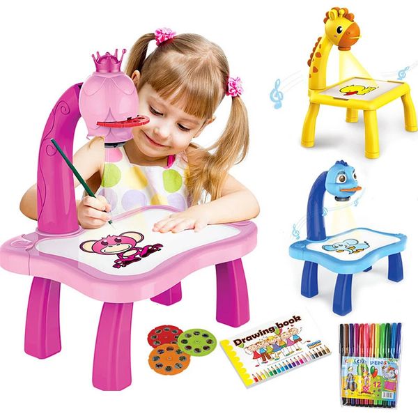 Kinder Frühe Bildung Led Projektor Zeichentisch Spielzeug Kinder Kunst Malerei Bord Schreibtisch Mini Doodle Whiteboard Mädchen Geschenke 240112