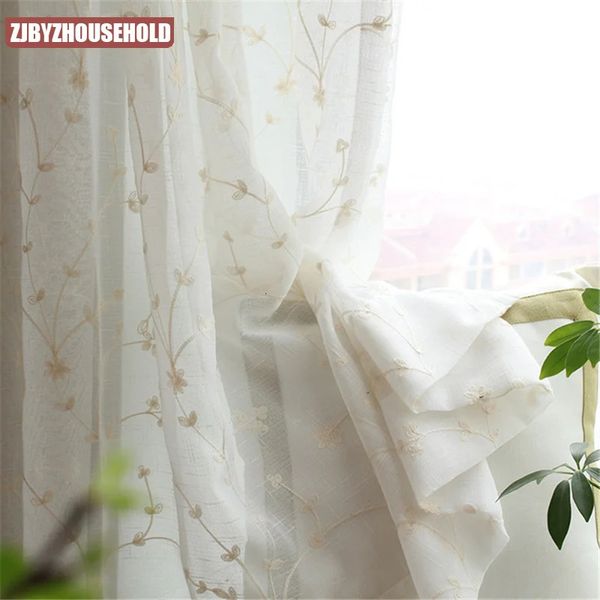 Bestickte transparente Leinenvorhänge für Wohnzimmer, Schlafzimmer, Blumenmuster, weißer Tüllvorhang für die Küche, Voile-Vorhang, Blindpaneele, Dekor 240113