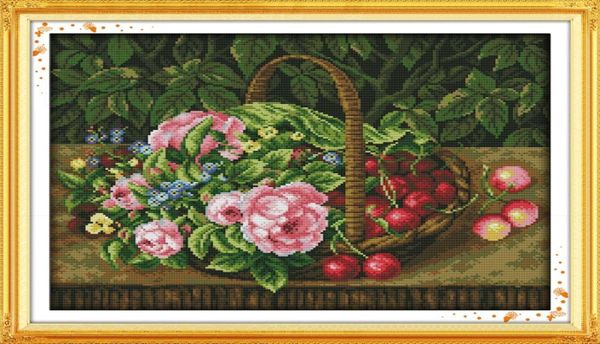 Panier de fruits fleurs cerises, peintures de décoration de maison, ensembles de broderie au point de croix faits à la main, imprimés comptés sur toile DMC 14C6411859