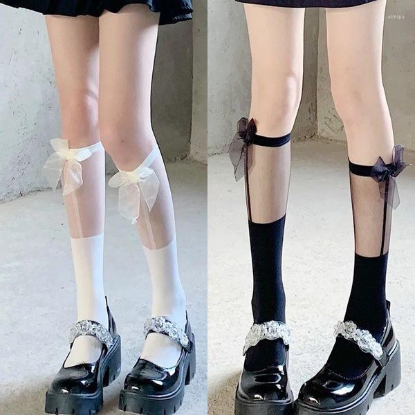 Frauen Socken Kawaii Lolita Lange Für Band Bögen Transparent Patchwork Strümpfe Weibliche Mesh Kalb Socke Calcetines Mujer