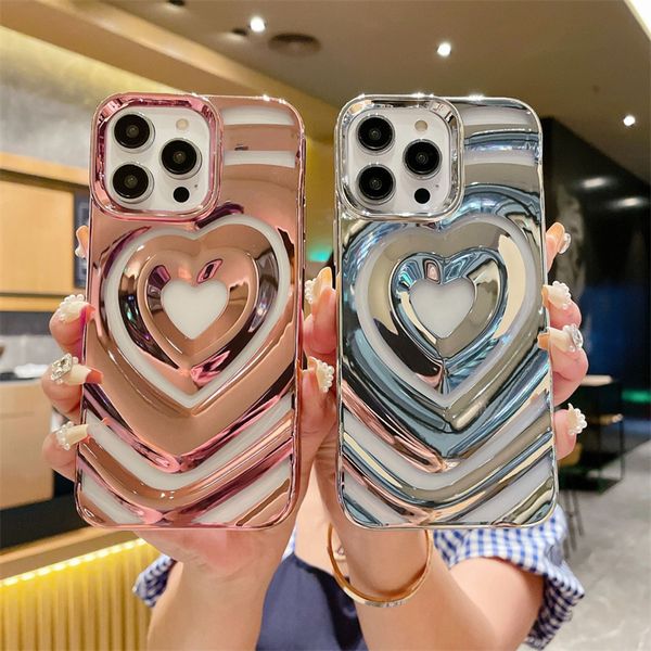 Caixa de telefone 3D PLATING para iPhone 15 14 13 12 11 Pro máximo x xs max xr 15pro 14Pro à prova de choque à prova de traseira Protecção de queda espelho Casal casos rosa