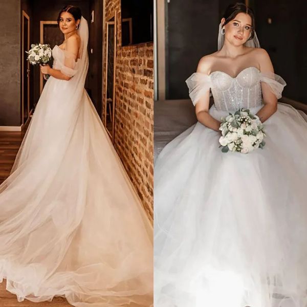 Vestidos de casamento marfim branco vestidos de noiva uma linha zíper personalizado rendas até plus size novo sem mangas fora do ombro tule lantejoulas