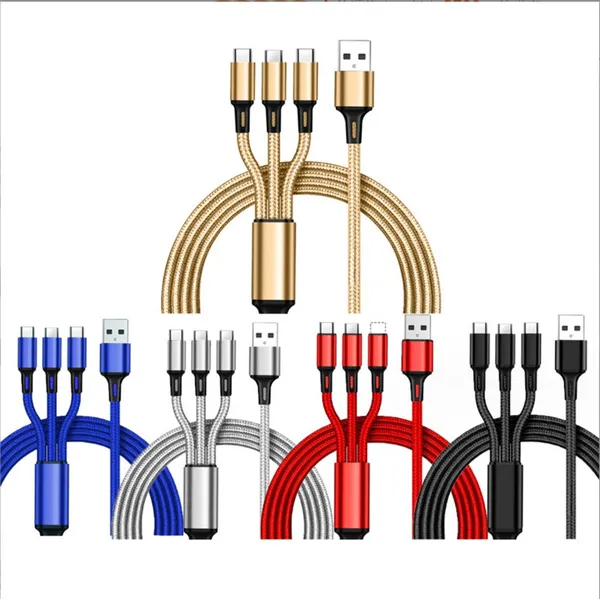 3 in 1 1,2 m Nylon geflochtene Handykabel Multi-Port-USB-Schnellladekabel Typ C Micro-USB-Android-Ladekabel für Xiaomi Samsung Huawei-Telefone mit PP-Paket