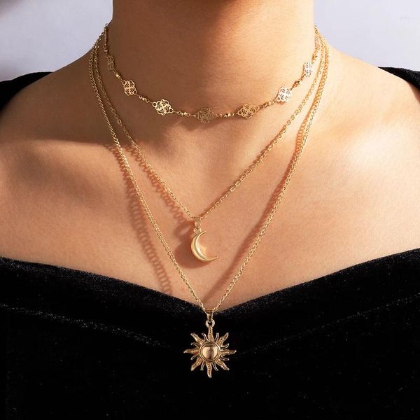 Ожерелья с подвесками в богемном стиле, ожерелье с луной для женщин, подвески, цветы солнечной розы, многослойная геометрия, сплав металла, ювелирные изделия для вечеринок 17125