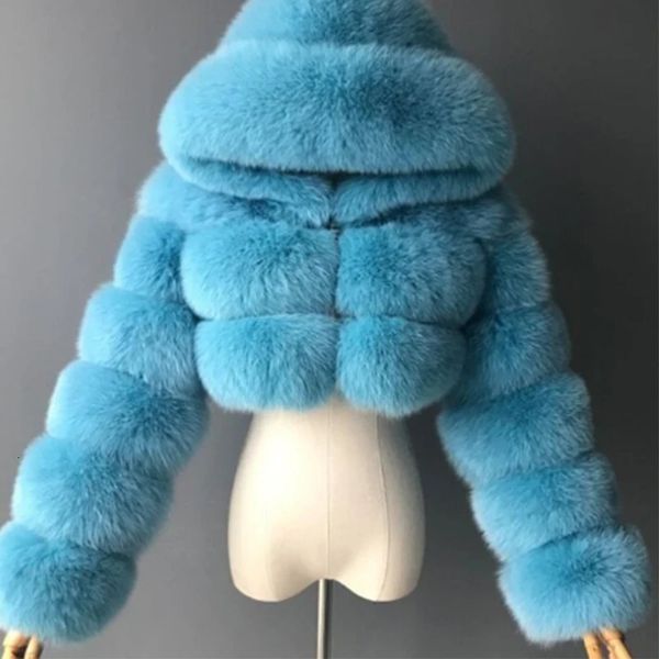 Mode Mit Kapuze Winter Faux Pelzmantel Frauen Hohe Qualität Warme Blau Pelzigen Mantel Frau Elegante Plüsch Kurzen Jacke Damen 240112