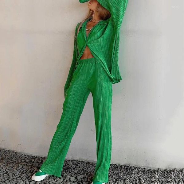 Pantaloni a due pezzi da donna Completi verdi chic ed eleganti Y2k Anni '90 Camicia a maniche lunghe abbottonata Gamba larga Casual Tinta unita