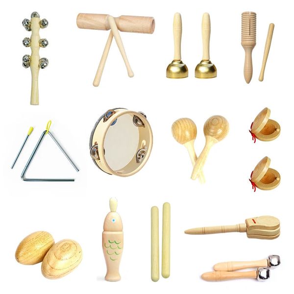 Crianças música brinquedos conjunto castanet areia martelo pandeiro triângulo duplo ringer orff instrumentos de percussão conjuntos montessori 240112