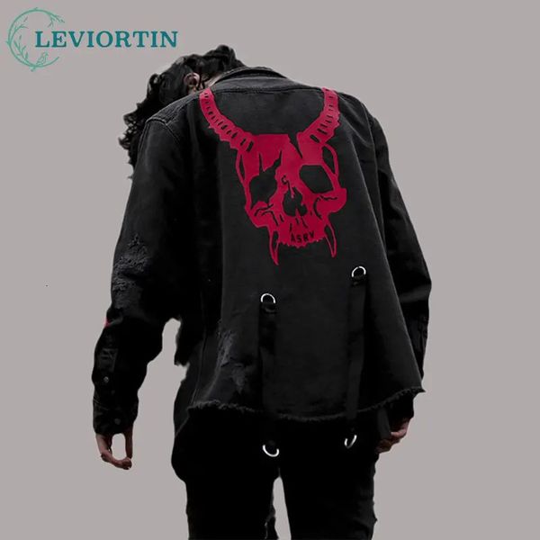 Harajuku gótico caçador de demônios crânio preto denim jaqueta masculina rock punk heavy metal moletom sudadera suspensórios buraco streetwear 240113