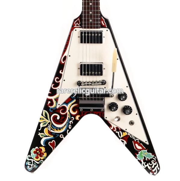 В наличии Jimi Hendrix Psychedelic Hand Painted Black V Электрогитара Maestro Vibrato Хвостовик, хромированная фурнитура, колки Tuilp, точечная инкрустация, белая накладка