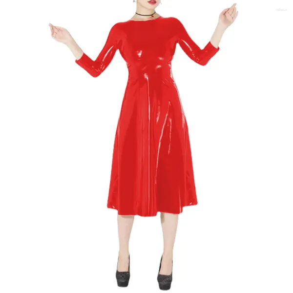 Lässige Kleider Wetlook Frauen PVC Dreiviertelärmel Langes Kleid Faux Latex Fit und Flare Streetwear Party Clubwear Kleidung S-7XL