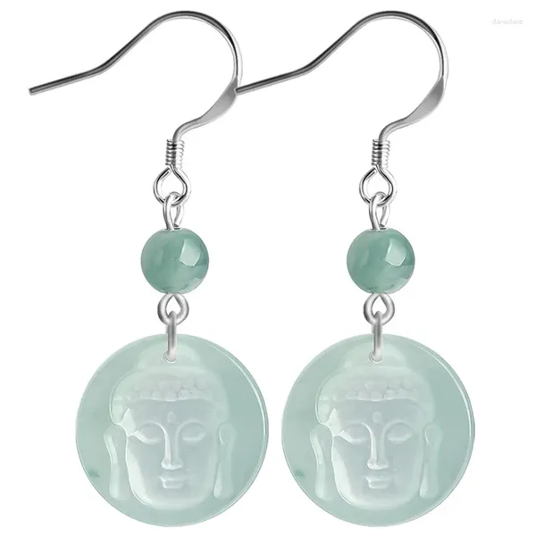 Orecchini pendenti Gancio per l'orecchio in giada naturale di grado A Buddha d'acqua blu in rilievo S925 argento intarsiato per donna