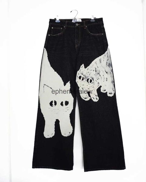 Jeans femininos harajuku y2k vestuário de rua super grande gato branco impressão cintura alta calças de perna reta moda wideephemeralew