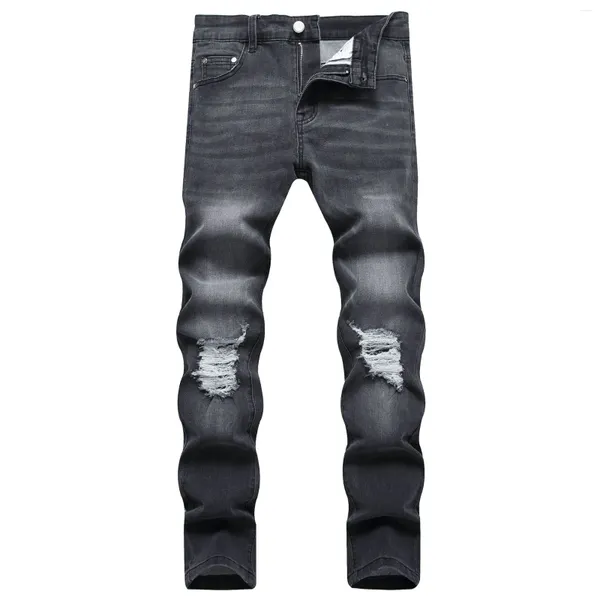 Jeans da uomo Big Size 40 42 Europe Fashion Style Uomo Jenas Pantaloni denim Stampati Pantaloni skinny con foro a righe Slim neri per il marito 8832