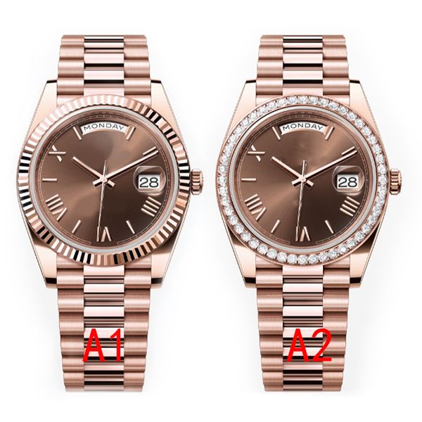 DIA DATA Mens relógio de pulso de diamante Relógios de pulso de ouro rosa 40mm daydate Relógios mecânicos automáticos 904L Completo 36mm Relógio feminino moldura de aço inoxidável à prova d'água luminosa