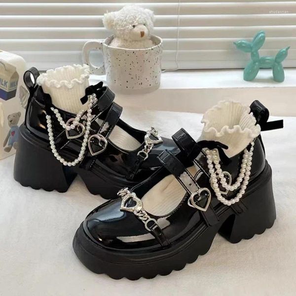 Sapatos de vestido punk coração fivela plataforma bombas mulheres 2024 primavera patente couro salto alto mary jane lolita mulher preto goth y2k