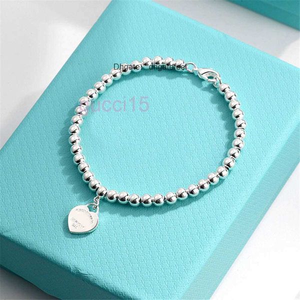 Pjd9 Braccialetti con ciondoli Bracciale rigido t Precisione Argento puro Faccia liscia Amore Cuore di pesca Perline rotonde Migliore amico Donna Rosa PQTH