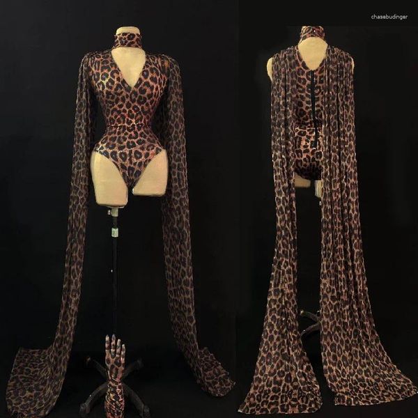 Palco desgaste moda leopardo padrão oco bodysuit luvas xale impresso aniversário clube outfit gogo mulheres cantor dançarino desempenho traje