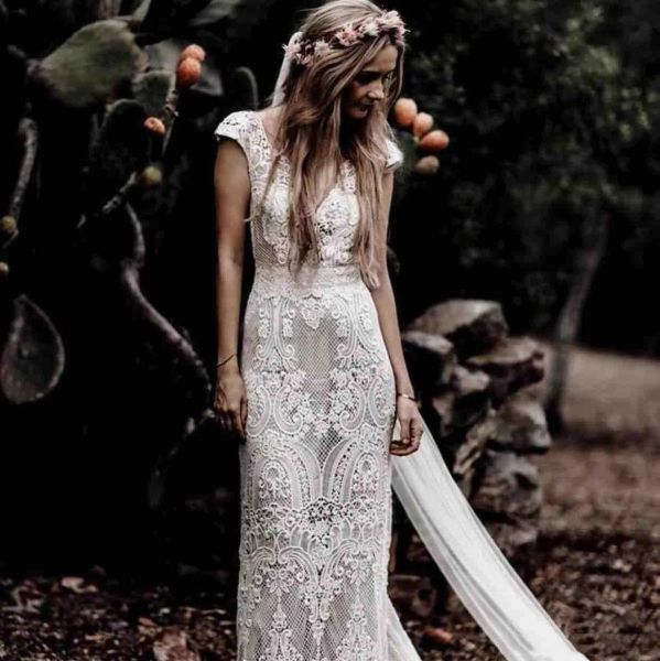 Abiti da sposa vintage a sirena in pizzo hippie maniche corte corte strascico scollo a V abiti da sposa bohemien elegante paese vestido de novia 2024 estate