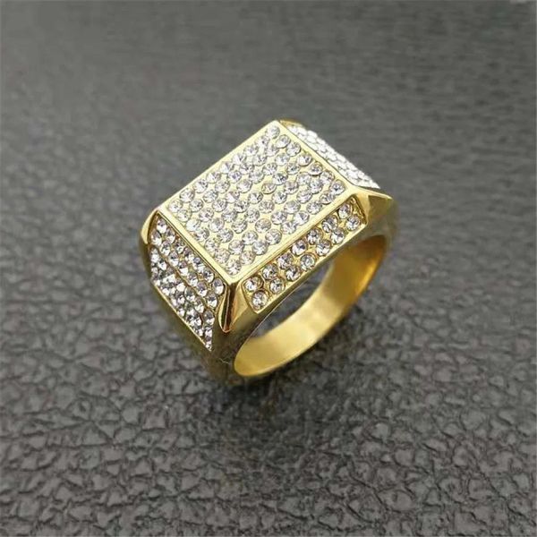 Herren Ring Iced Out Bling Schmuck Männliche Goldene Farbe 14k Gelbgold Pflastern Strass Quadratische Ringe Für Männer anillos