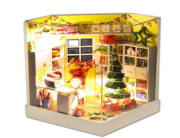 Weihnachts-Mini-Puppenhaus mit Staubschutz, Leuchtbüchern, Holzminiaturen, Figuren, DIY-Puppenhaus-Kits, Spielzeug, Mainan Rumah Boneka Y200413066404