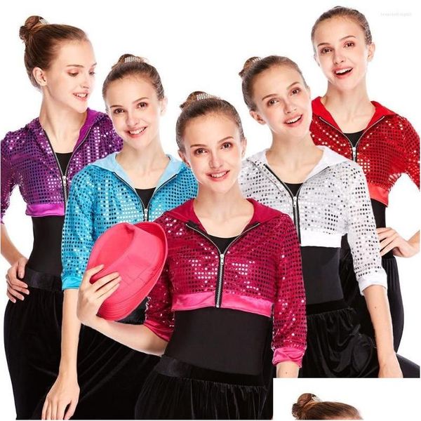 Stage Wear Midee Hip Hop Dance Crop Top para Menina Crianças Lantejoulas Hoodies Unissex Meia Mangas Curtas Cardigan Jazz Jaqueta Casaco Desempenho Otqxk