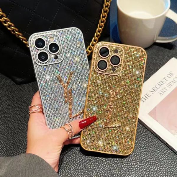 Designer de caixa de telefone anti-queda letras douradas phonecase para iphone 15 pro max 14 13 12 11 luxo diamante shell com lente capa à prova de choque protetora -3