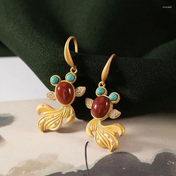 Brincos pendurados estilo chinês s925 prata dourada ouro sul vermelho turquesa jasper zircão peixe dourado para mulheres festa hanfu joias presente