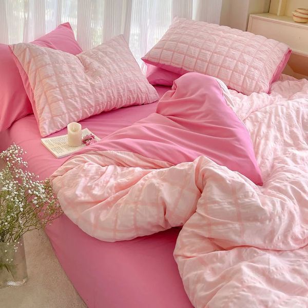 Koreanische Prinzessin Rosa Seersucker Bettwäsche Kawaii Bett Rock Bettbezug Einfarbig Queen-Size Doppel Blätter Sets Für Mädchen 240113