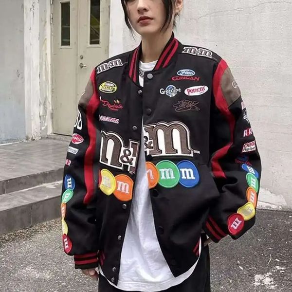 Bordado Carta Harajuku Jaqueta de Beisebol Casacos Homens Mulheres Hip Hop MM Letra Impressa Harajuku Patch Varsity Bomber Jackets M-2XL 240112