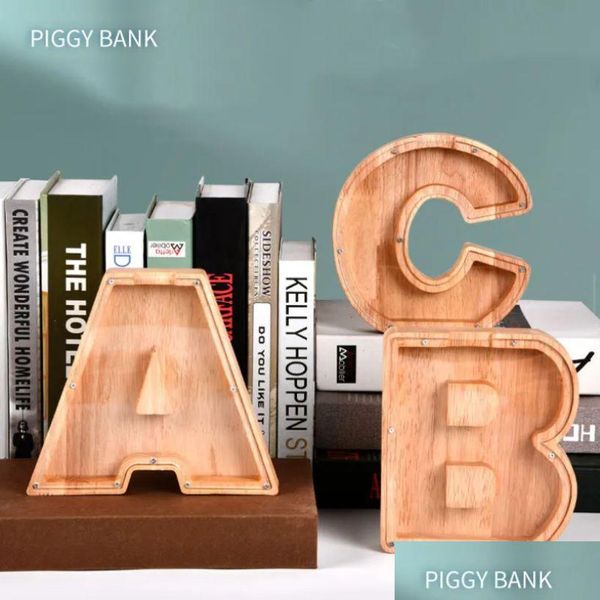 Bouteilles de stockage Pots Pot d'argent en bois Boîte d'épargne transparente 26 Lettres de l'alphabet anglais Tirelires DIY Cadeau créatif Drop Deliver Dhqji