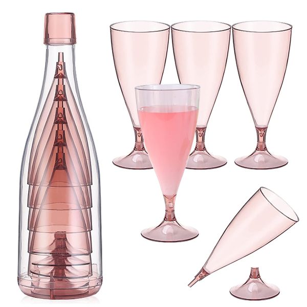 Set di 5 bicchieri da champagne in plastica pieghevoli, flute da vino riutilizzabili con bottiglie di stoccaggio, facili da trasportare, adatti per l'esterno, il campeggio e i viaggi