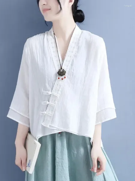 Повседневные платья, летняя хлопково-льняная рубашка в этническом стиле, китайский галстук на пуговицах, лоскутный кардиган с рукавами 3/4, тонкий топ для женщин