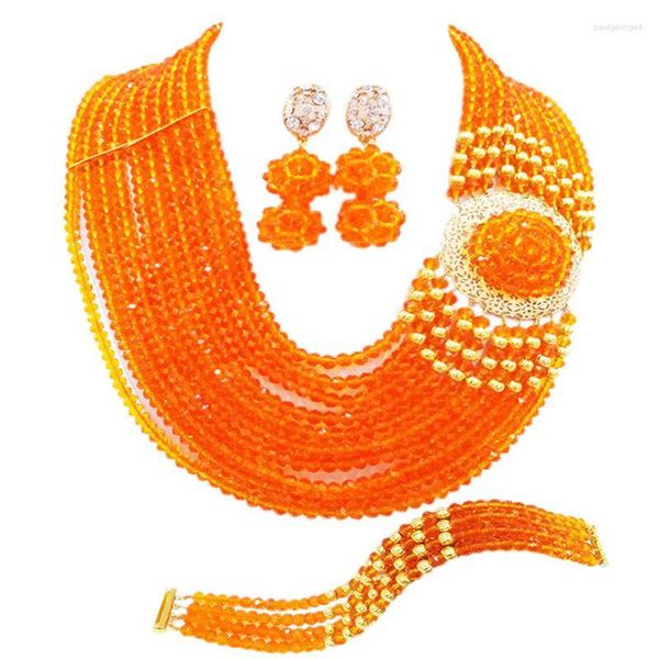 Collana orecchini set arancione matrimonio nigeriano perline africane cristallo