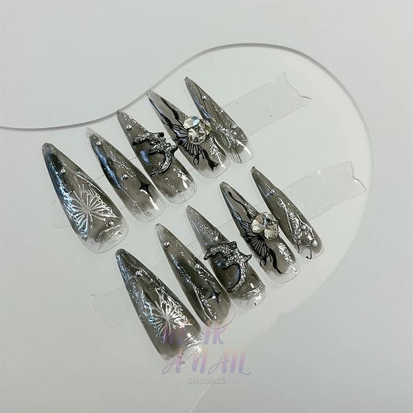 Пресс для ногтей ручной работы, черные шпильки, дизайн ногтей, многоразовое украшение в виде бабочки, серебряная луна, блестит, носимые художественные ногти 240113