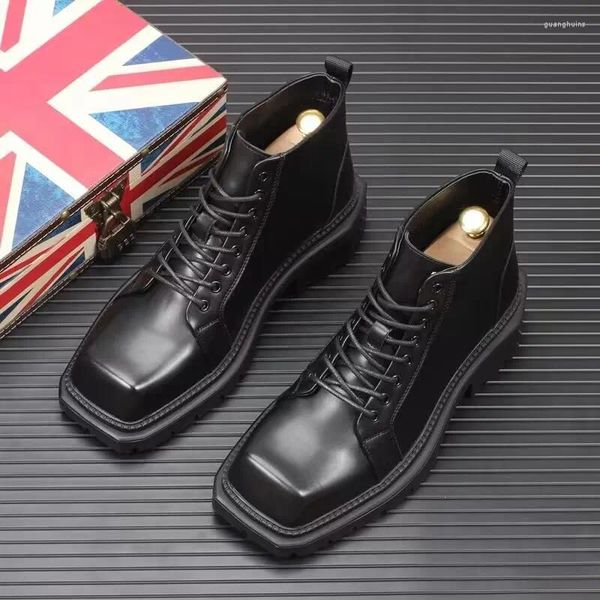 Stivali stile inglese moda uomo pelle originale tendenza nera scarpe con punta quadrata scarpe da discoteca per feste abito da cowboy piattaforma alla caviglia Botas